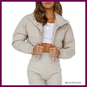 Cropped Puffer Jacket Stand Collar Zip Up Winter Padded Down Coats Chic